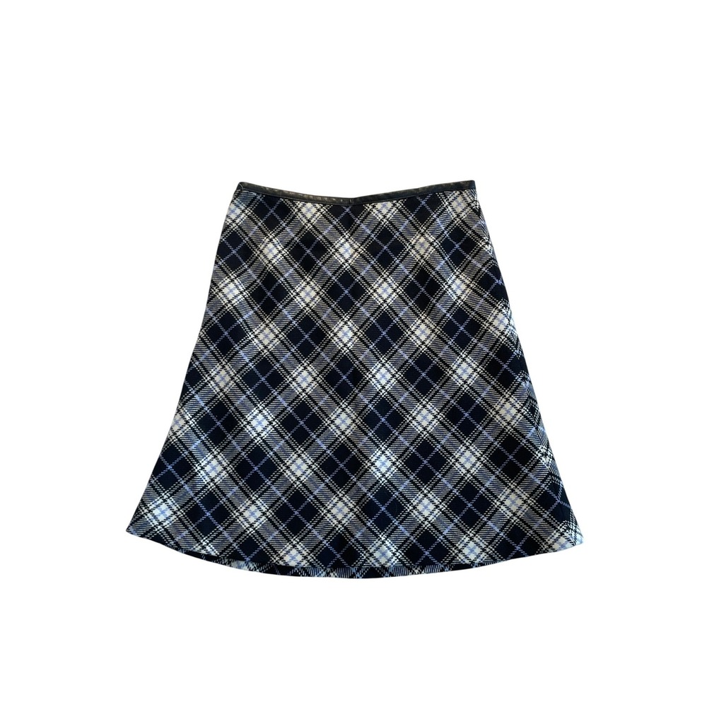 Plaid Virgin Wool Knee Length Skirt Black Blue Leather Trim 6P NWT Anne Klein